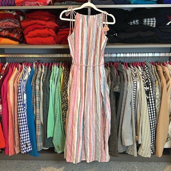 Time and Tru linen blend pink/green striped sleeveless belted midi dress XS NWT - Picture 3 of 3